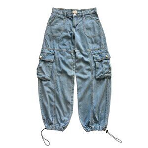 Simple Society Women's Light Wash Cargo Jeans Drawstring Cuffs Size 00/23